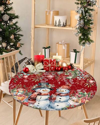 Chucoco Christmas Snowman Round Table Cover 36-44 Inch Elastic Waterproof Red & White