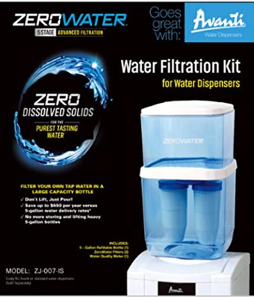 Avanti ZeroWater Refillable Filtered Water Cooler Bottle Kit Top Loading Water Cooler Water Dispenser with Ionic Filtration System, Includes TDS Meter, Blue