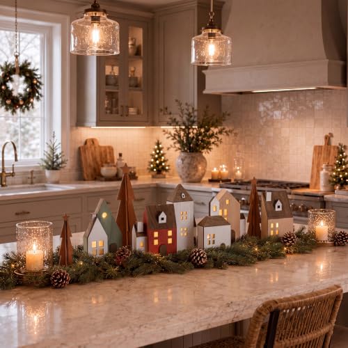 Lighted Wooden Christmas Village Set - 9 Piece Holiday Tabletop Decor