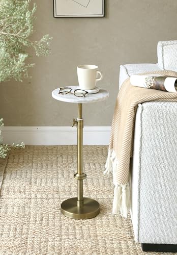 Adjustable 10-Inch White Marble Drink Table with Antique Brass Pedestal