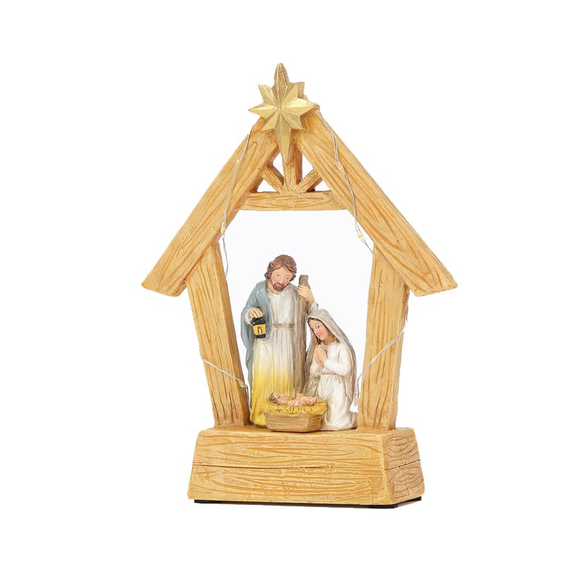 7.3-Inch LED Lighted Nativity Set - Hand-Painted Resin Holy Family Statue