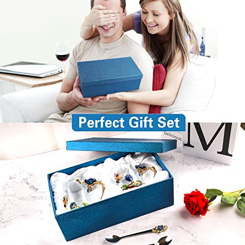 DUMVOIN Blue Enamel Flower Glass Coffee Mug Set with Spoons - Tea & Gift Set for Women & Tea Lovers