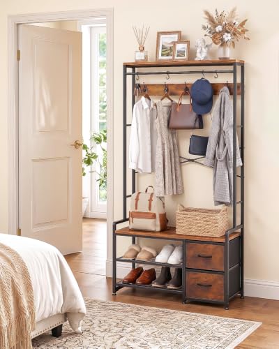5-in-1 Industrial Hall Tree with Bench, Shoe Storage, and 2 Fabric Drawers