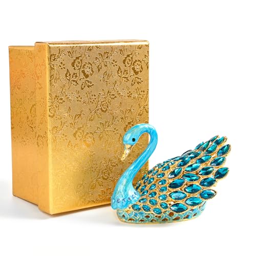 Blue Swan Enamel Jewelry Trinket Box - Decorative Ring Holder Organizer
