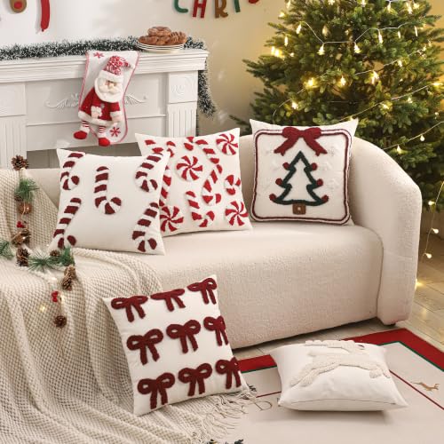 Tosleo Christmas Candy Cane Throw Pillow Covers 18x18in Set of 2, Red Xmas Embroidered Cushions