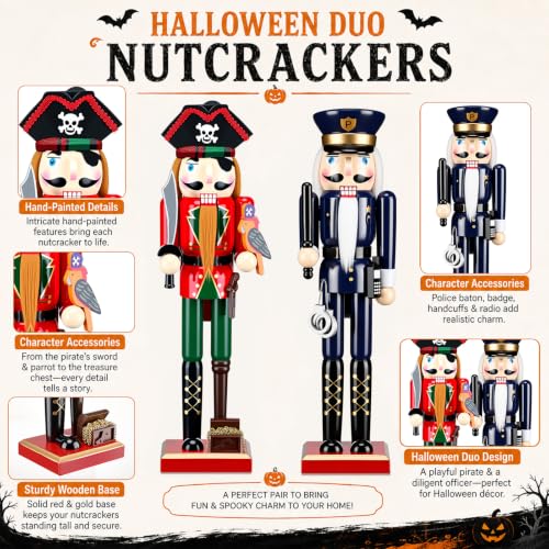 Pinkunn 2-Pack 15'' Halloween Pirate & Police Nutcracker Decorations