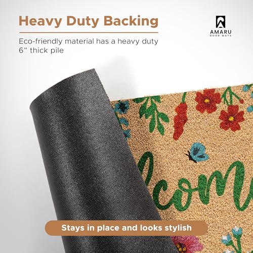 Floral Coir Welcome Mat, 17x29 Inch Non-Slip Outdoor Entryway Door Mat