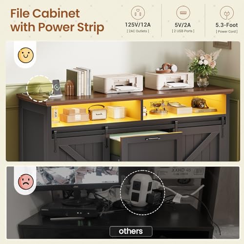 47.2-Inch Farmhouse File Cabinet with 2 Drawers, Barn Door & Charging Station
