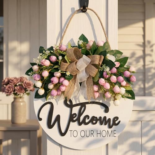 13-Inch Farmhouse Welcome Wreath with Pink Flowers for Front Door Decor
