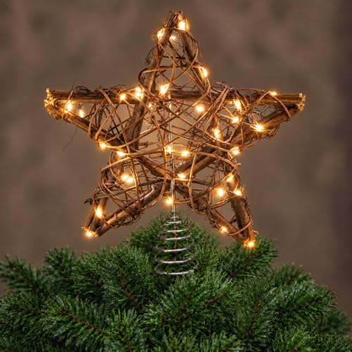 Rattan Christmas Tree Topper Star with Warm White LED Lights, Battery & USB Powered