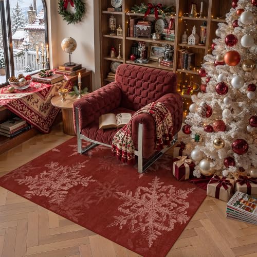 Berthmeer 3' x 5' Red Snowflake Christmas Area Rug | Washable, Non-Slip Backing