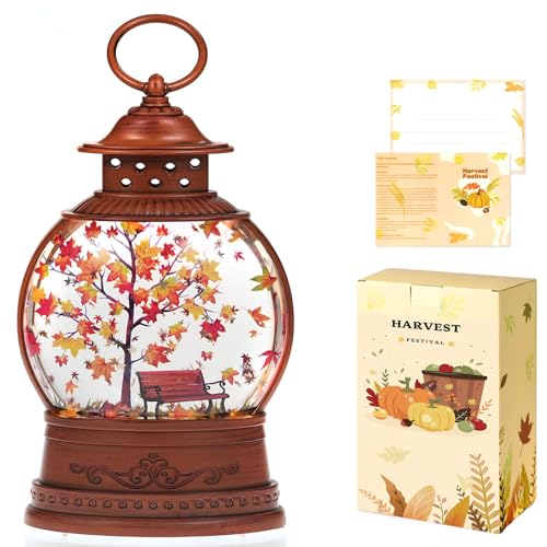 Lighted Autumn Snow Globe Lantern with Timer - Fall Thanksgiving Decor