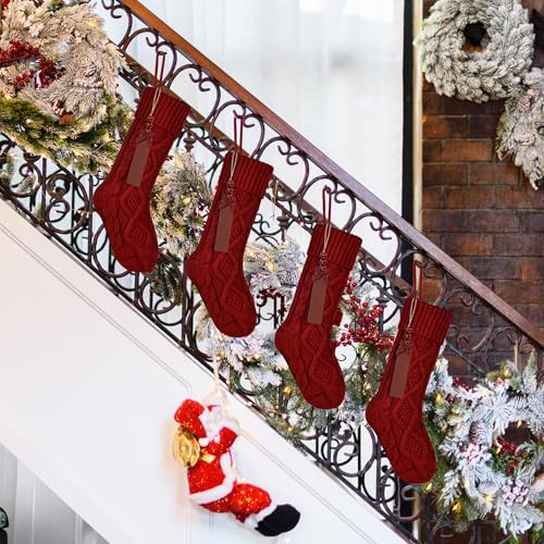 Red 4 Pack Personalized Christmas Stockings with Wooden Name Tags, 18 Inch