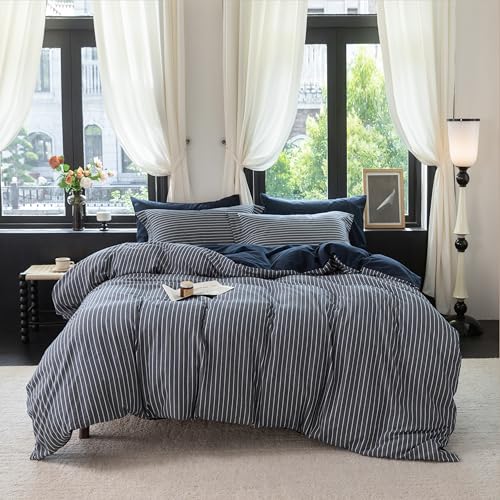 Reversible Navy Blue Striped Queen Duvet Cover Set - 100% Washed Cotton 3-Piece