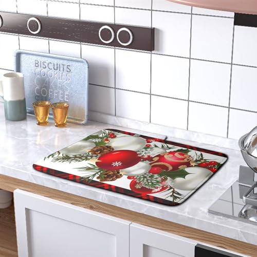 Christmas Buffalo Plaid Dish Drying Mat - Reversible Microfiber 18x24in - Holiday Kitchen Counter Decor