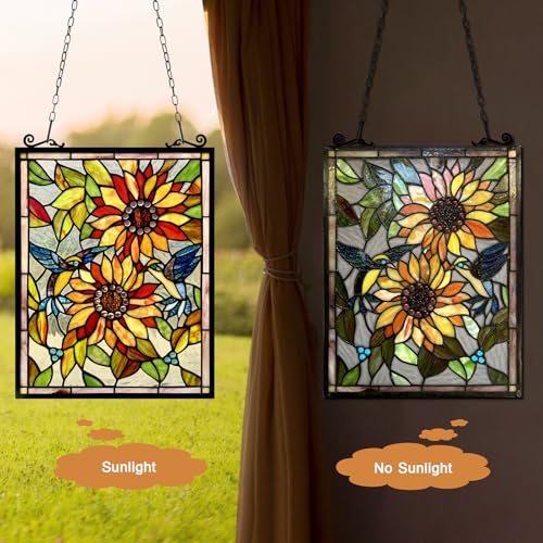 Handcrafted Sunflower and Birds Stained Glass Window Panel