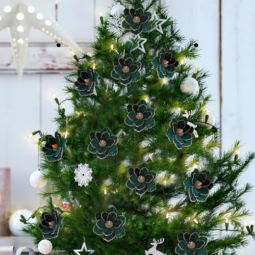 ZHANGBY 12 Pcs Velvet Poinsettia Christmas Flower Ornaments, 8.8 Inch Dark Green