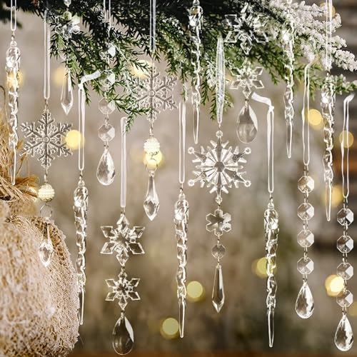 18-Piece Clear Acrylic Christmas Tree Ornaments - Snowflake & Icicle Set