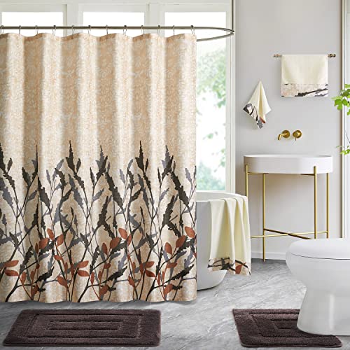 WPM Complete Bathroom Set - Leaf Print Shower Curtain, Rugs & Towels (Brown)