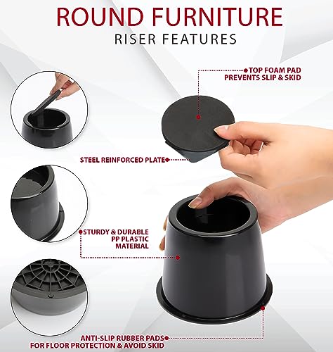 3-Inch Heavy-Duty Bed Risers - 8 Pack Round Furniture Lifts with Anti-Slip Pads