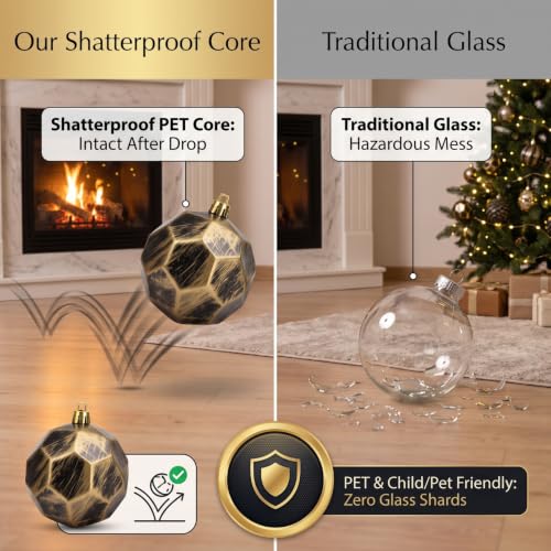 12 Pcs Christmas Tree Ornaments: 3.15" Black Gold Shatterproof