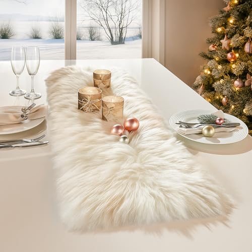 11.8x47.2 Inch Faux White Fur Table Runner for Christmas Decor - MeiSan