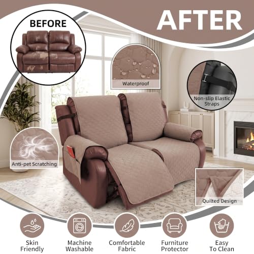 Waterproof Light Brown Loveseat Recliner Cover with Pockets