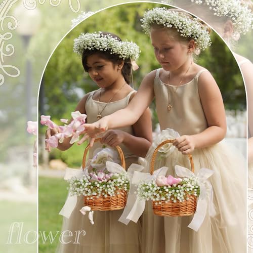 Rustic Wicker Flower Girl Basket with Artificial Baby Breath & Bow