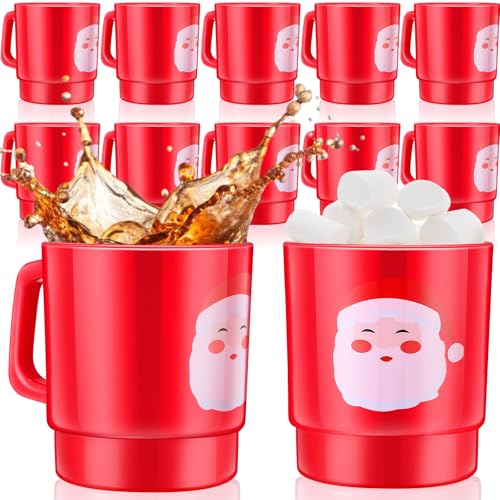 Santa Claus Face Plastic Christmas Mugs Set of 12 with Handles - Festive Holiday Drinkware
