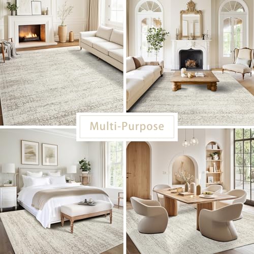Washable 5x7 Vintage Area Rug - Soft Non-Slip Low Pile Faux Wool Carpet