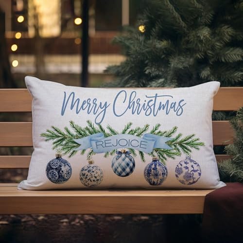 NUTEEN Christmas Pillow Cover 12x20 Blue Baubles & Snowflake Joy - 3 Blue Trees