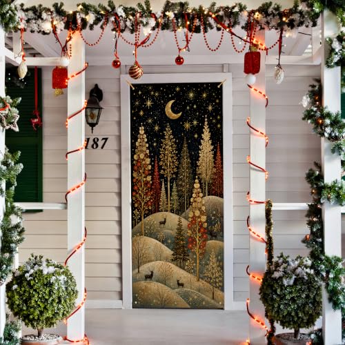 JINYO Whimsical Christmas Tree Reindeer Door Cover — 35x79 in, Festive Curtain