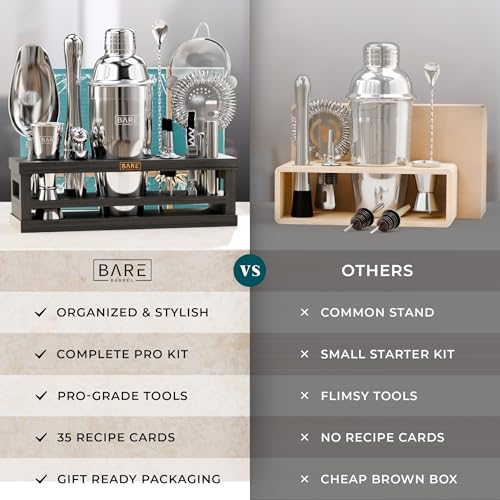 Bare Barrel® 24oz Silver & Black Cobbler Cocktail Shaker Bar Set with 16 Tools & Recipe Cards