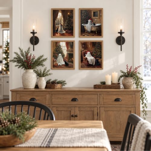 Vintage Christmas Ghost and Black Cat Wall Art Set - Framed 12x16 Inches - Variation of THIS listing