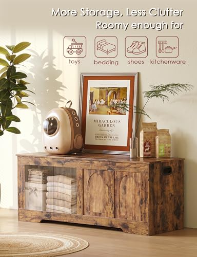 Rustic Wooden Storage Chest with Safety Hinges, 47-Inch Entryway Shoe Bench