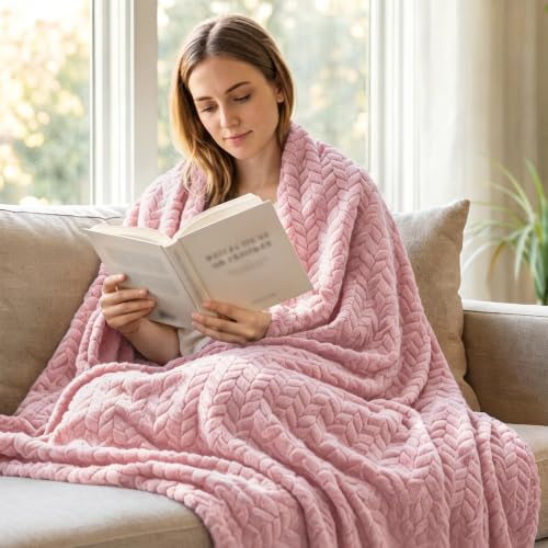 Exclusivo Mezcla Pink Fleece Throw Blanket for Couch - 50x70 Leaf Pattern