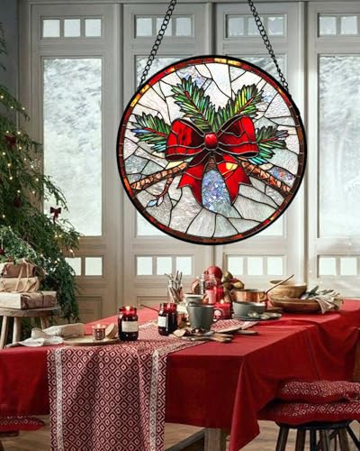 DASTOLL Christmas Pine Bow Stained Glass Window Suncatcher 7.8" Red & Green