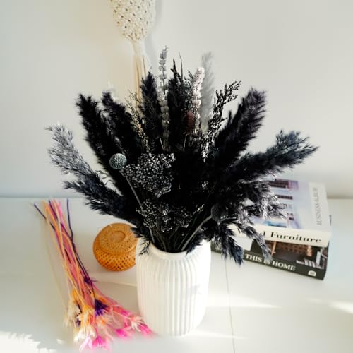 17-Inch Natural Dried Pampas Grass Bouquet - Black & Grey Boho Floral Decor