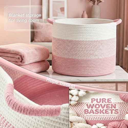 70L Large Cotton Rope Basket - Woven Blanket & Toy Storage Hamper, Pink
