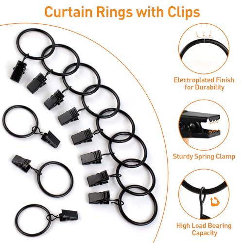 26 PCS Black Curtain Rings with Clips, 1.26-Inch Inner Diameter