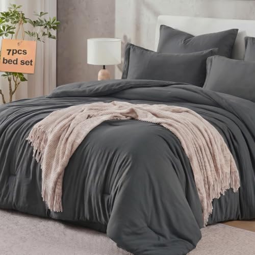 Queen 7-Piece Grey Comforter Set - Lightweight All-Season Bedding