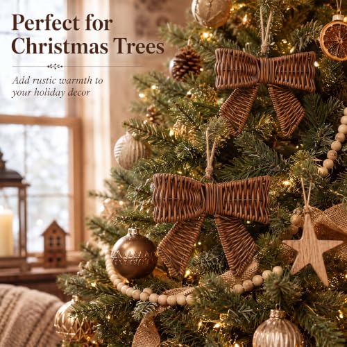 Rustic Christmas Rattan Woven Bow Ornaments - Set of 2, 6.3x4.9 inches