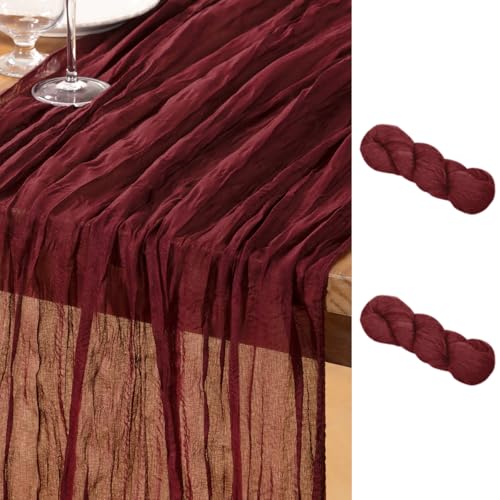 DeZerlor Burgundy Cheesecloth Table Runners 2 Pack - Rustic Boho Party Decor