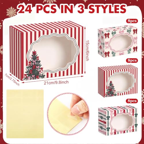 Eaasty 24 Pack Christmas Cookie Boxes with Window & Bows - Bulk Gift Packaging