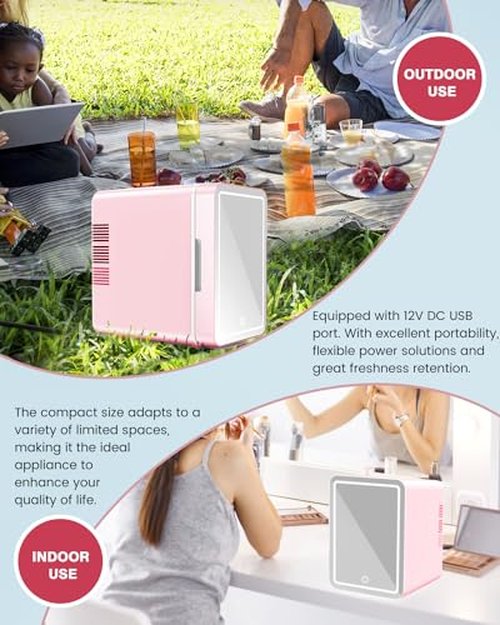 NISHCON Upgrade Skincare Fridge with Dimmable LED Light Mirror, 4L/6Can Cooler Warmer Mini Fridge for Skin care Cosmetic Makeup Beauty, Portable Mini Skincare Fridge for Bedroom Dorm Office Rv, Pink