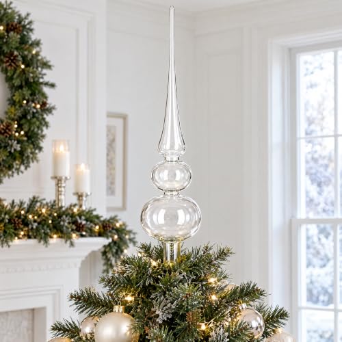 12.5 Inch Clear Glass Christmas Tree Topper with Hand-Painted Details