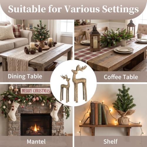 Gold Reindeer Figurines Set of 2 – Cast Iron Christmas Decor, Sziqiqi