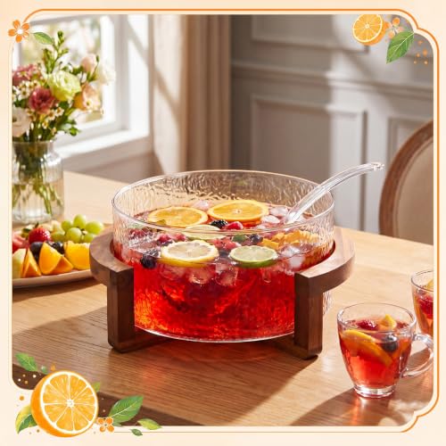 1.2 Gallon Hammered Glass Punch Bowl Set with Acacia Wood Base