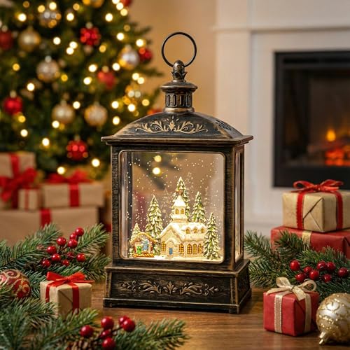 VISFLAIR 12.5'' Church Nativity Snow Globe Lantern with Music & Swirling Glitter