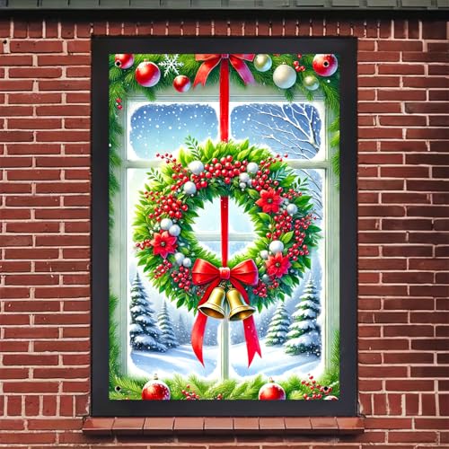 BlissYard Colorful Christmas Window Panel 31x47 Inch Snow Scene Holiday Decor